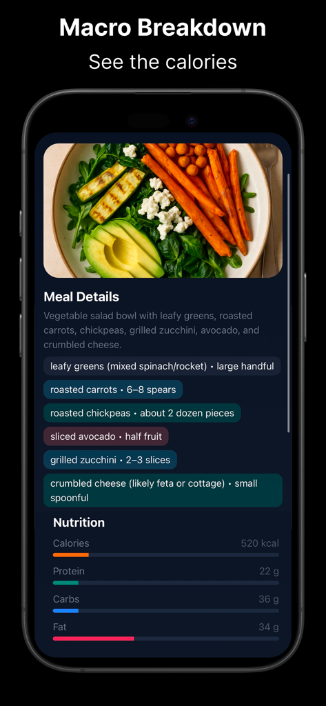 NutriShot AI - Calorie Counter - Interface do aplicativo NutriShot AI mostrando a divisão de calorias e macronutrientes para uma tigela de salada de vegetais