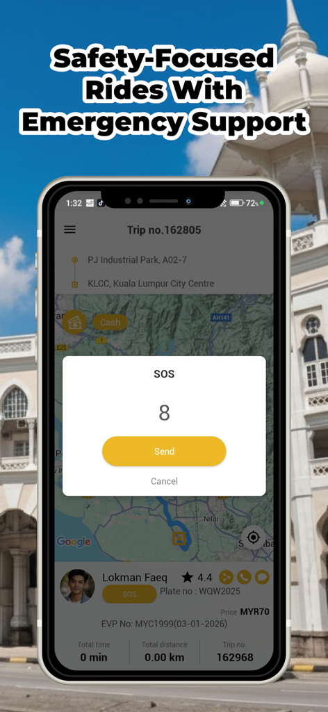 MyCar Passenger - MyCar Passenger app interface showing the emergency SOS button and safety features during a ride
