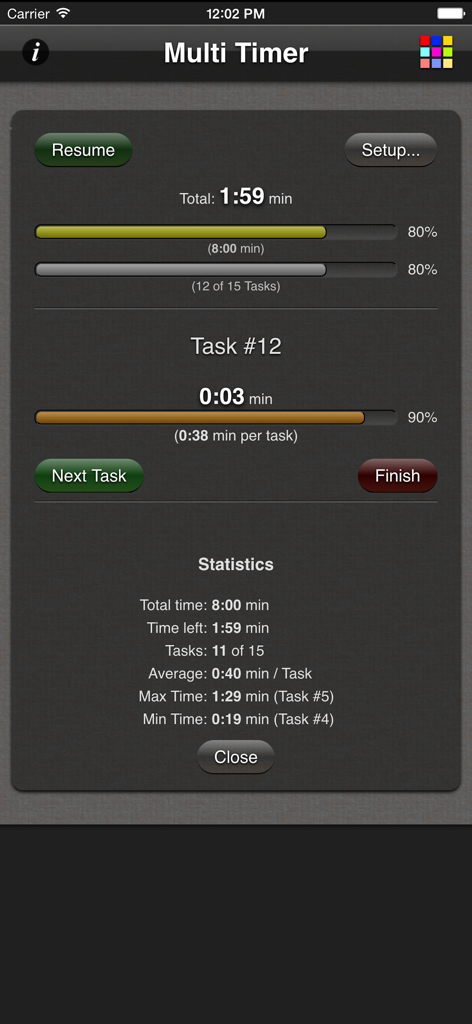Multi Task Timer app mostrando barras de progresso de tarefas e estatísticas de desempenho para preparação de testes padronizados.