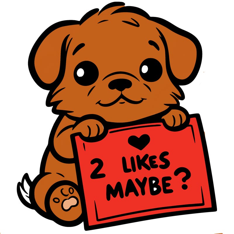 a puppy holding a sign that says 2 likes maybe?