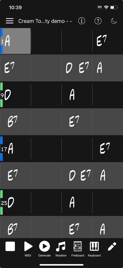 Band-in-a-Box chord sheet showing a musical progression for a song demo on iPhone