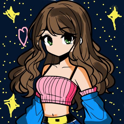 anime girl wavy hair w ity a crop top on