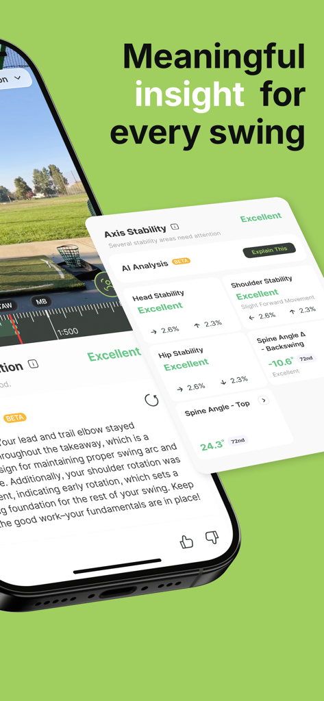 Swing TuneUp: AI Golf Analyzer - Smartphone-Bildschirm mit KI-Golfschwunganalyse und Stabilitätsmetriken