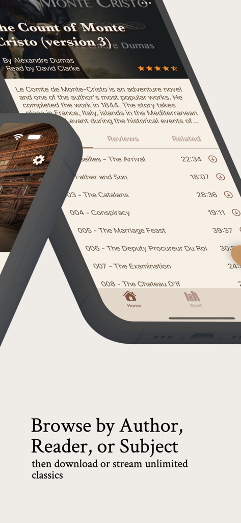LibriVox Audiobooks – Ad-Free - LibriVox app interface displaying the chapter list for The Count of Monte Cristo and options to browse by author or reader