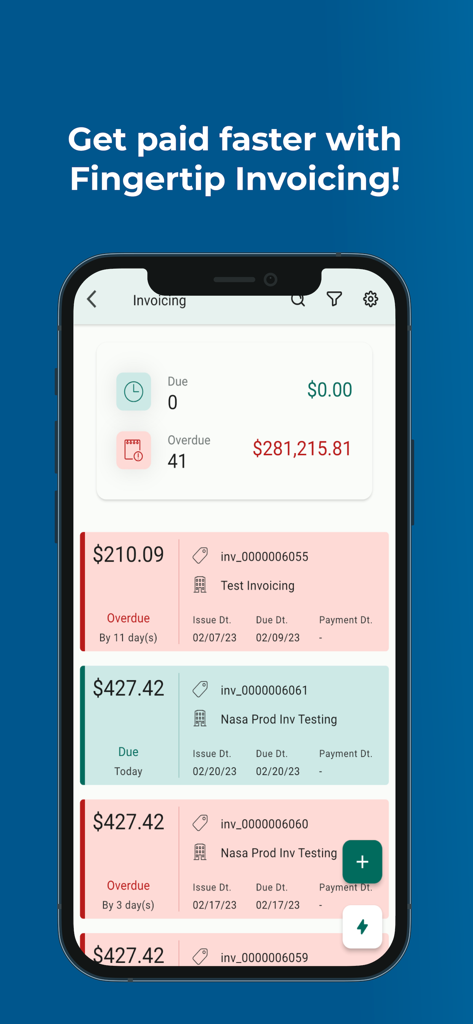 Lead Connector - Ein Handy-Bildschirm, der das Rechnungs-Dashboard der Lead Connector App mit überfälligen und fälligen Zahlungsdetails anzeigt