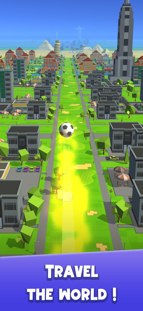 A soccer ball flying with a golden trail over a city towards global landmarks like the pyramids and leaning tower of pisa