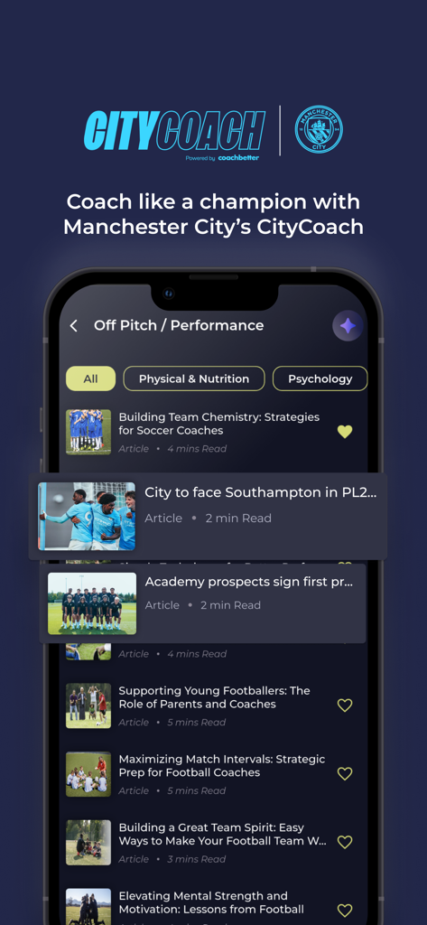 coachbetter - Smartphone screen showing soccer coaching articles on team chemistry and performance within the CityCoach app
