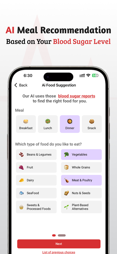 Blood Sugar Monitor: MediTrust - MediTrust-App-Bildschirm mit KI-Lebensmittelvorschlägen basierend auf Blutzuckerwerten mit Mahlzeitenkategorien wie Abendessen und Gemüse.