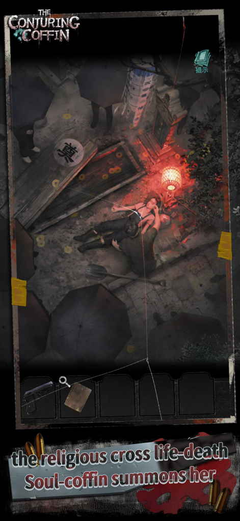 A dark ritual scene from the horror game The Conjuring Coffin showing a character near a coffin