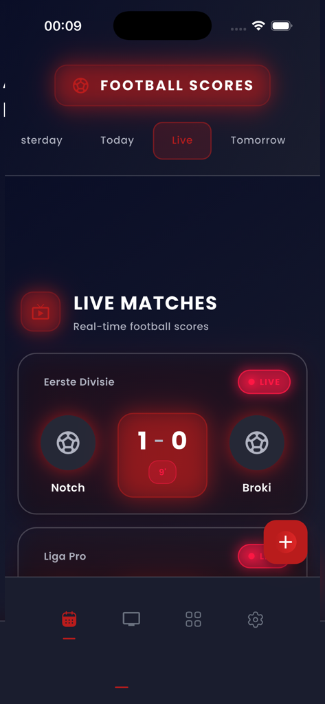 Mobile app interface showing live football scores with a dark theme and red neon accents for Yacine TV.