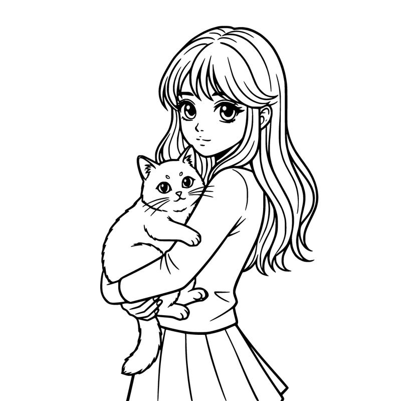 anime girl holding her cute cat