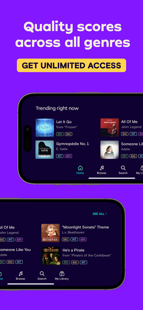 Simply Play: Piano Sheet Music - The Simply Play app interface on mobile devices displaying a library of trending piano sheet music across multiple genres.