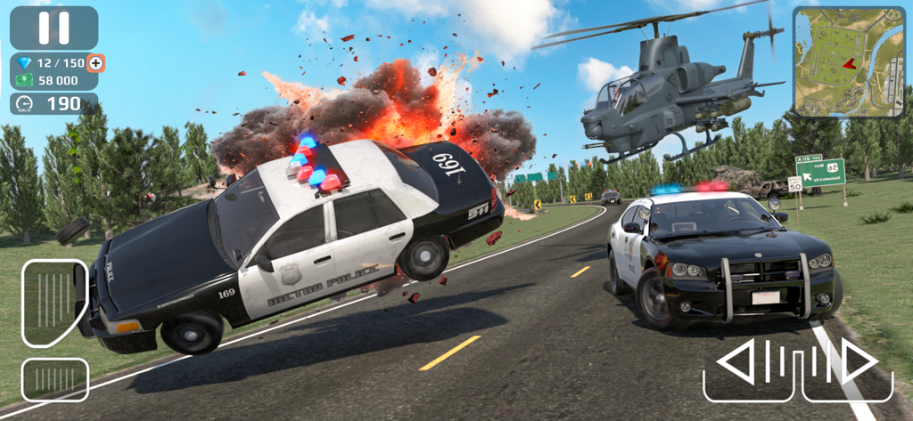 Police vs Gangster Crime City - Intense police car chase with a vehicle explosion and military helicopter