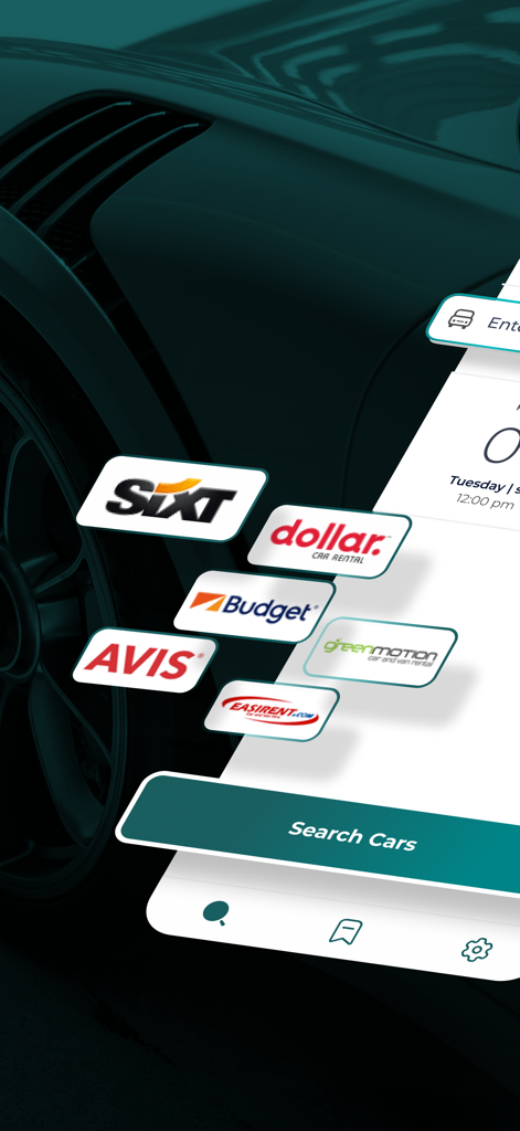 Rental cars app - Interfaccia di un'app mobile che mostra i loghi di vari marchi di autonoleggio e un pulsante di ricerca