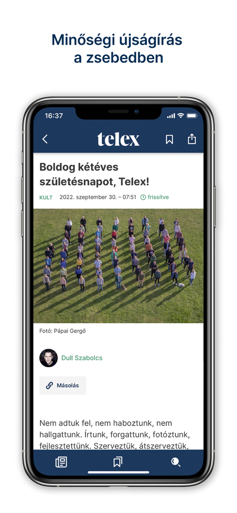 Smartphone screen showing the Telex app with a news article in Hungarian
