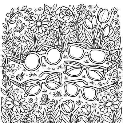 Welcome the vibrant energy of spring with this delightful coloring page featuring an array of stylish kids' eyewear nestled within a lush, blooming garden. Discover intricate flowers, playful butterflies, and charming glasses, offering a rich and engaging coloring experience for all ages.