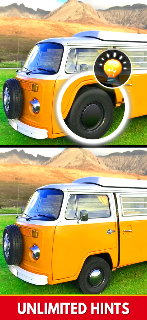 Find The Differences: Spot It - Captura de pantalla del juego Encuentra las Diferencias mostrando dos imágenes de furgonetas amarillas y un indicio resaltado.