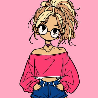girl with a messy ponytail glasses a baggy crop top and jean shorts