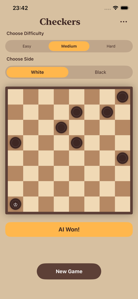 Checkers with Ai - Juego de damas móvil minimalista que muestra el tablero y el mensaje de victoria de la IA.
