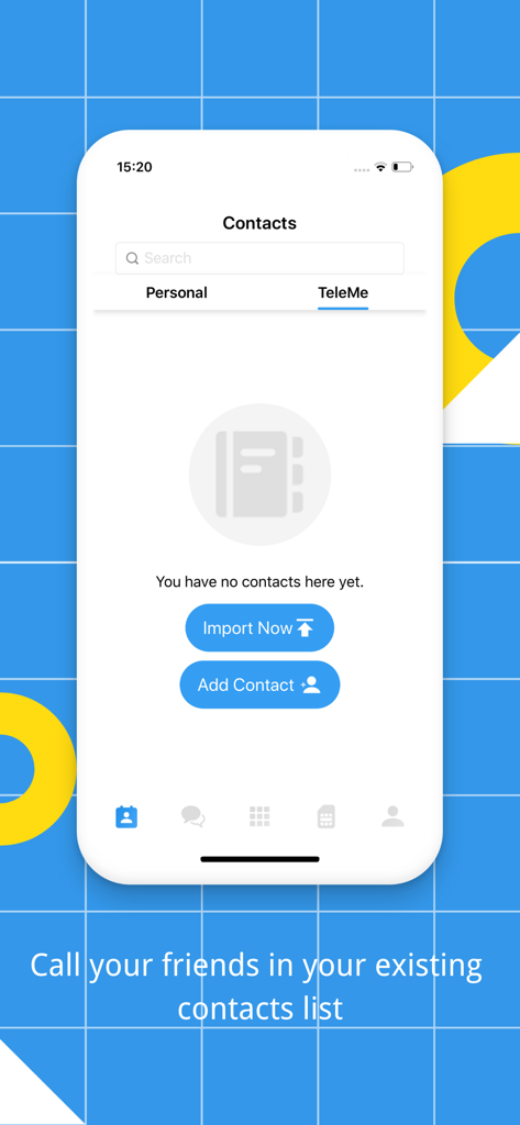 TeleMe – Record on 2nd Number - TeleMe app contacts management screen with options to import and add contacts