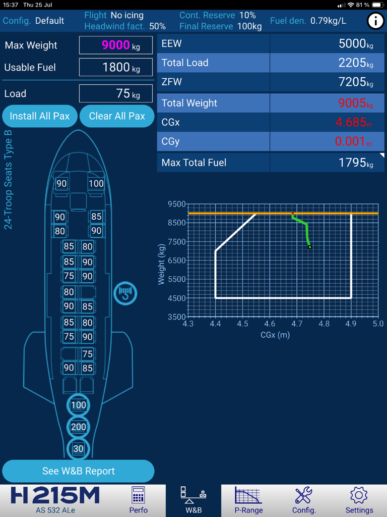 H215M Flight Perfo weight and balance interface showing troop seat configuration and center of gravity graph