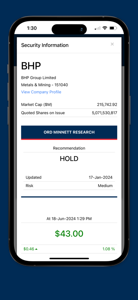 Ord Minnett - Ord Minnett app screen showing BHP stock research and recommendation