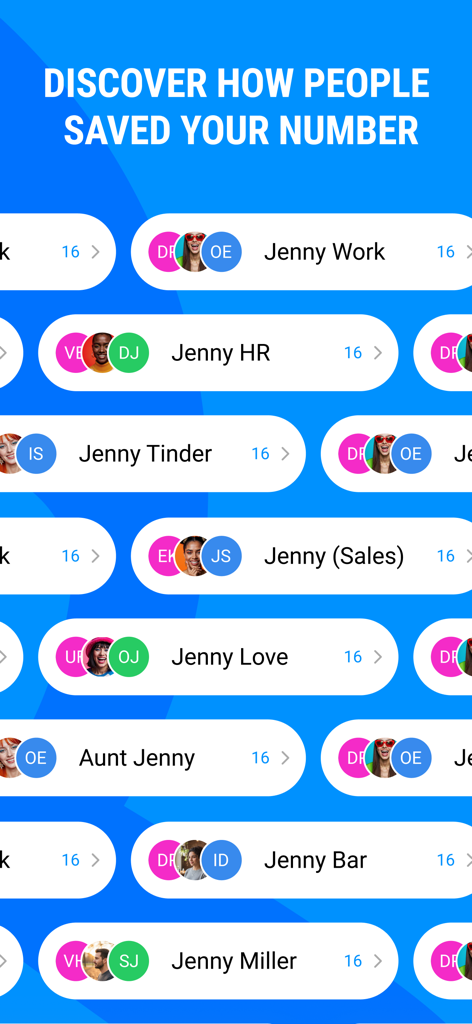 Screenshot der Me App, der zeigt, wie verschiedene Personen eine Kontaktnummer mit verschiedenen Namen wie Jenny Arbeit und Jenny Tinder gespeichert haben