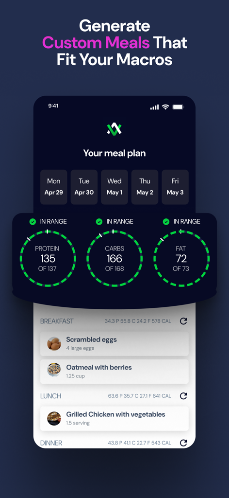 Avatar Nutrition app interface showing a custom meal plan with daily protein carbs and fat macro tracking indicators