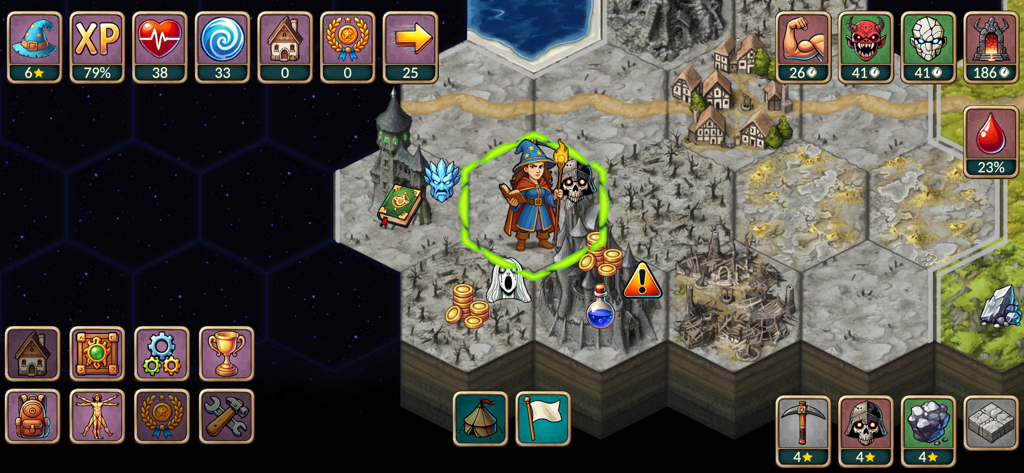 A mage character on a hexagonal grid map in the strategy RPG game Next Run