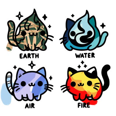 4 cats that represent the different elements, earth, water, air, and fire