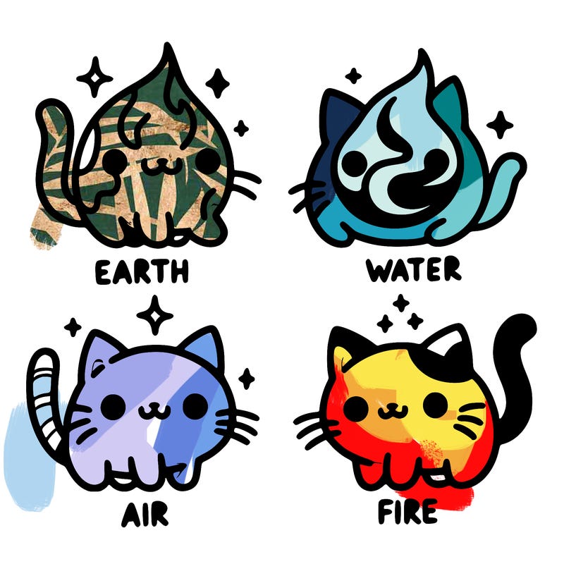 4 cats that represent the different elements, earth, water, air, and fire