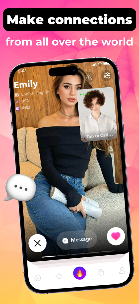 Kissアプリの画面に、世界中からのつながりを作るという見出しのユーザープロフィールが表示されています