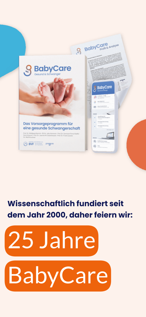 BabyCare 임신 프로그램 핸드북 및 25년간의 과학 연구를 기념하는 앱 인터페이스