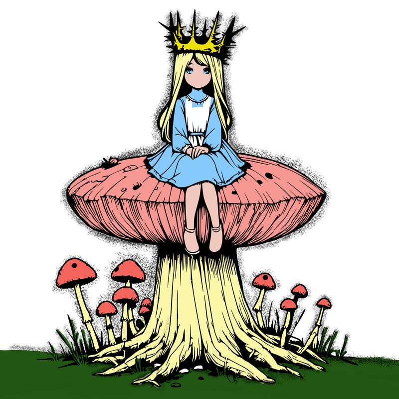 realistic girl sitting on a huge tree stump size toadstool with thorn crown