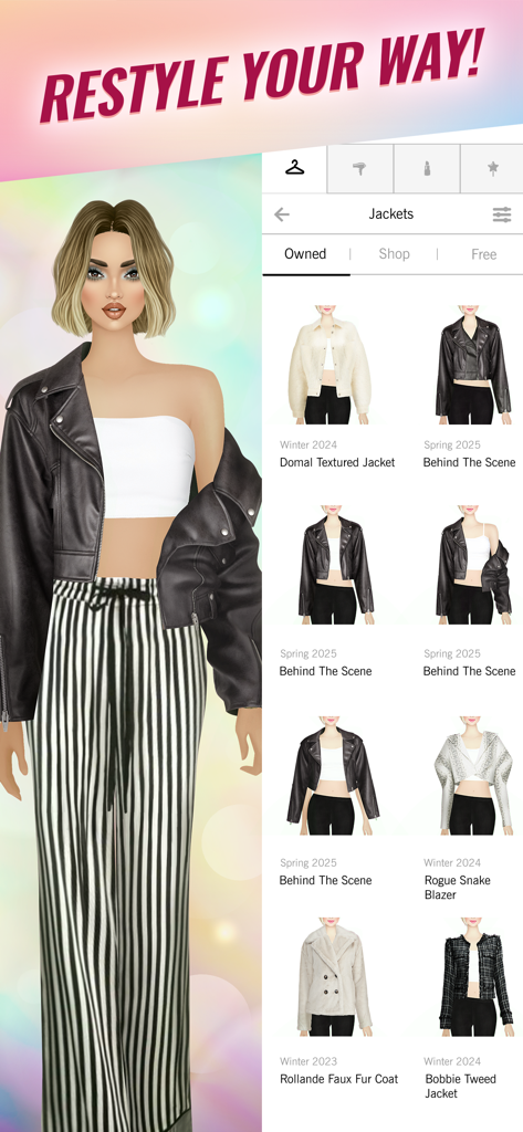 Covet Fashion: Dress Up Game - Una modelo virtual está siendo vestida en Covet Fashion con una chaqueta de cuero negra y pantalones a rayas junto con una selección de ropa exterior de diseñador.