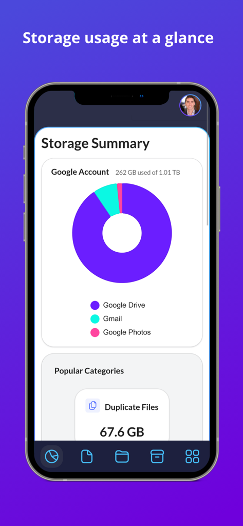 Dashboard showing Google Drive storage usage and duplicate files in Filerev