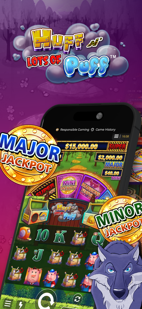betPARX PA mobile app showing Huff N Puff slot game interface with major and minor jackpots