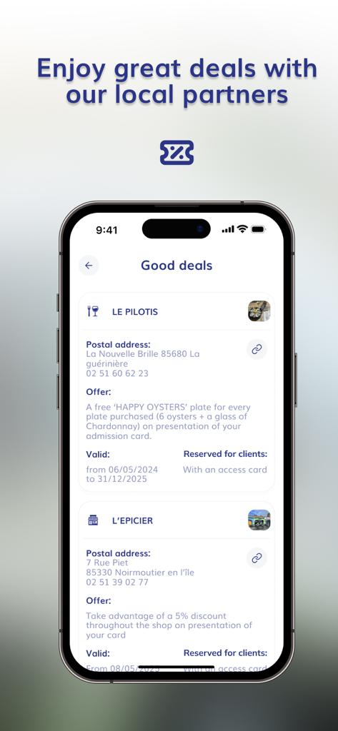 CAMPING-CAR PARK app interface showing local partner discounts and deals for motorhome travelers