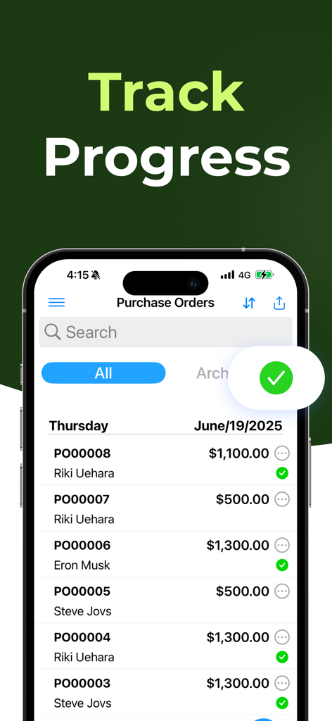 Purchase Order Maker - PO app - Interface of the Purchase Order Maker app showing a list of tracked purchase orders with statuses and search bar.