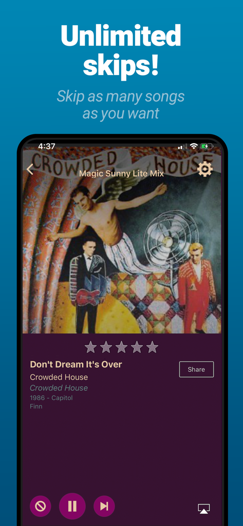 AccuRadio: Curated Music Radio - AccuRadio music player interface showing the unlimited skips feature