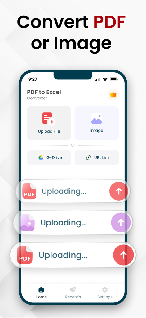 PDFや画像をExcelスプレッドシートに変換するためのモバイルアプリインターフェイス。クラウドアップロードオプションあり