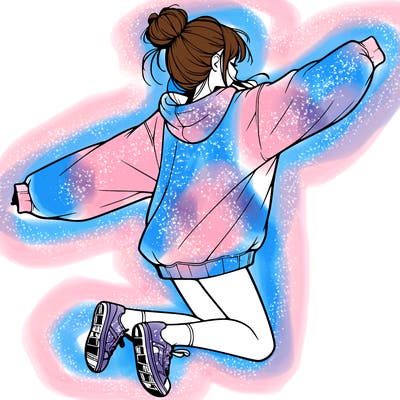 realistic girl jumping with a bun and oversized sweatshirt