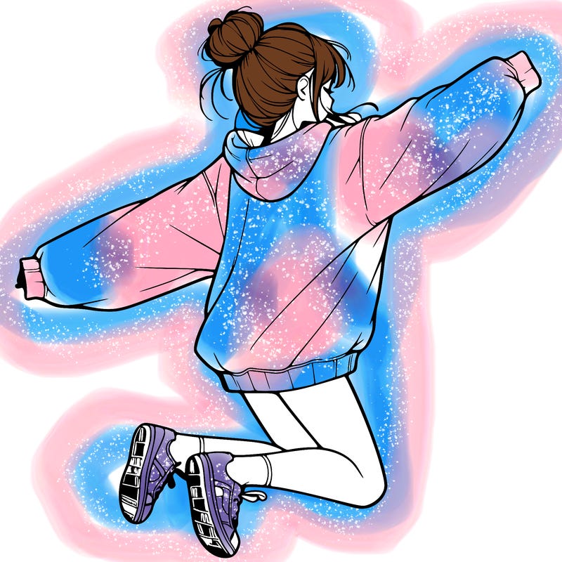 realistic girl jumping with a bun and oversized sweatshirt