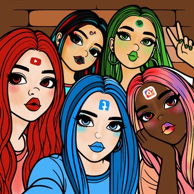 group of teen girls friends y2k up close in a selfie