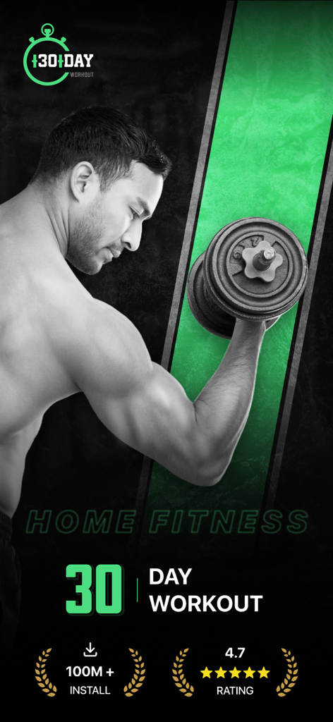 30 Day Workout - Home Fitness - A man performing a bicep curl with a dumbbell for the 30 Day Workout Home Fitness app promotional screen