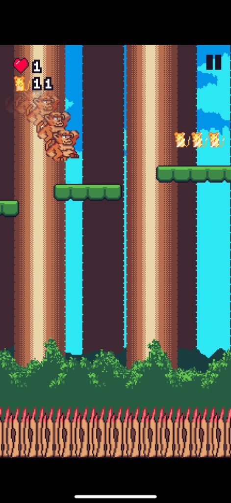 Macaco Jumper - A pixel art monkey jumping across green platforms in a retro forest level