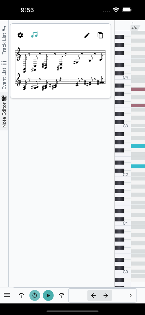 Midify app interface showing a piano roll editor and real time sheet music notation