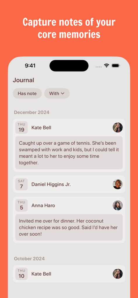 Catchup: Friendship Tracker - Journal view in the Catchup app showing interaction history and personal notes for friends.