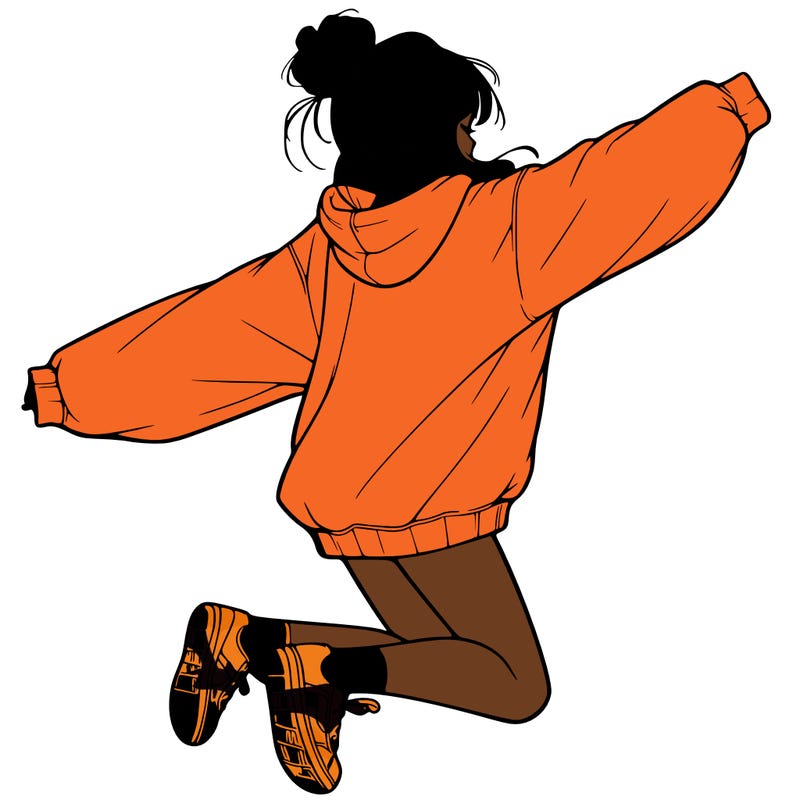 realistic girl jumping with a bun and oversized sweatshirt