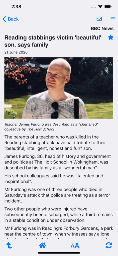 Screenshot of the Online News app showing a BBC News article in a clean ad-free reader mode